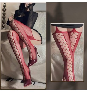 FEE ET MOI - Sexy Mesh Hollow Suspender Stockings (Burgundy)